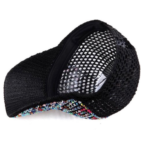 C0485 Black Rhinestone Bling Sparkle Mesh Hat Cap - Picture 5 of 5